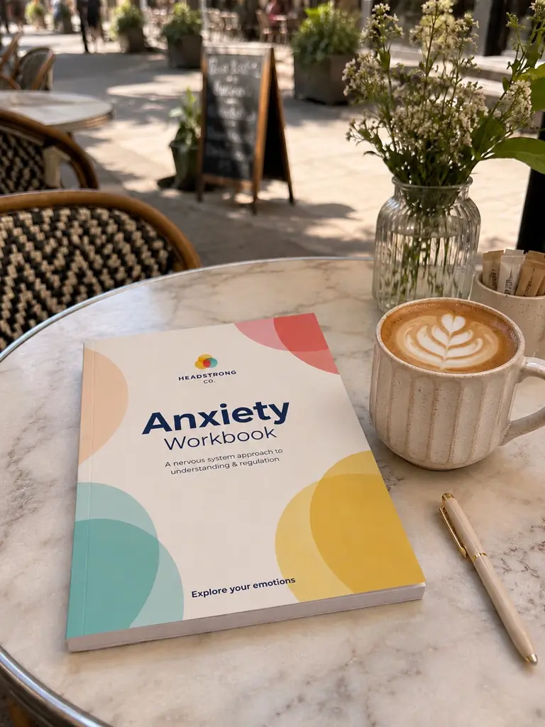The Headstrong Co Anxiety Workbook on a café table