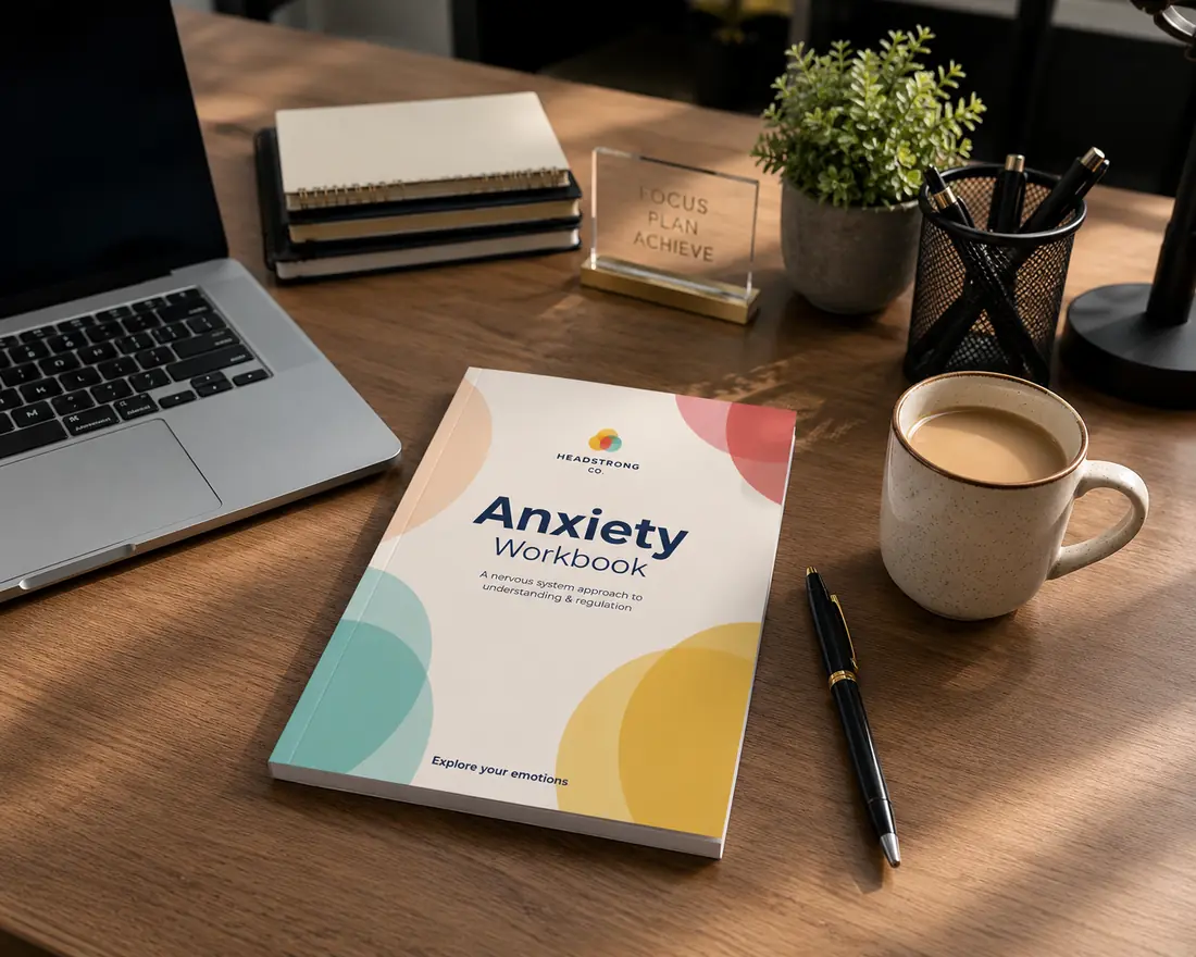 Anxiety Workbook on a desk next to a laptop and coffee