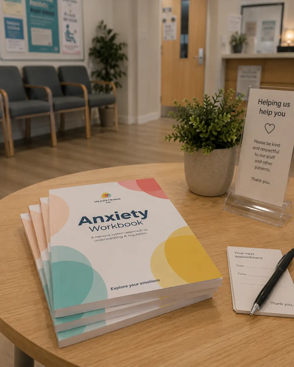 Headstrong Co Anxiety Workbooks ready for staff in a waiting area